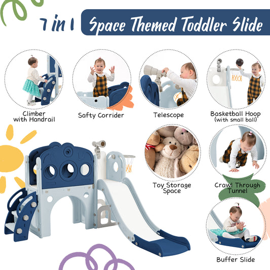 7 in 1 Toddler Slide Set, Freestanding Spaceship Set with Slide, Kids Slide Playset Structure, Arch Tunnel and Basketball Hoop, Toy Storage Organizer for Toddlers, Kids Climbers Playground,Purple