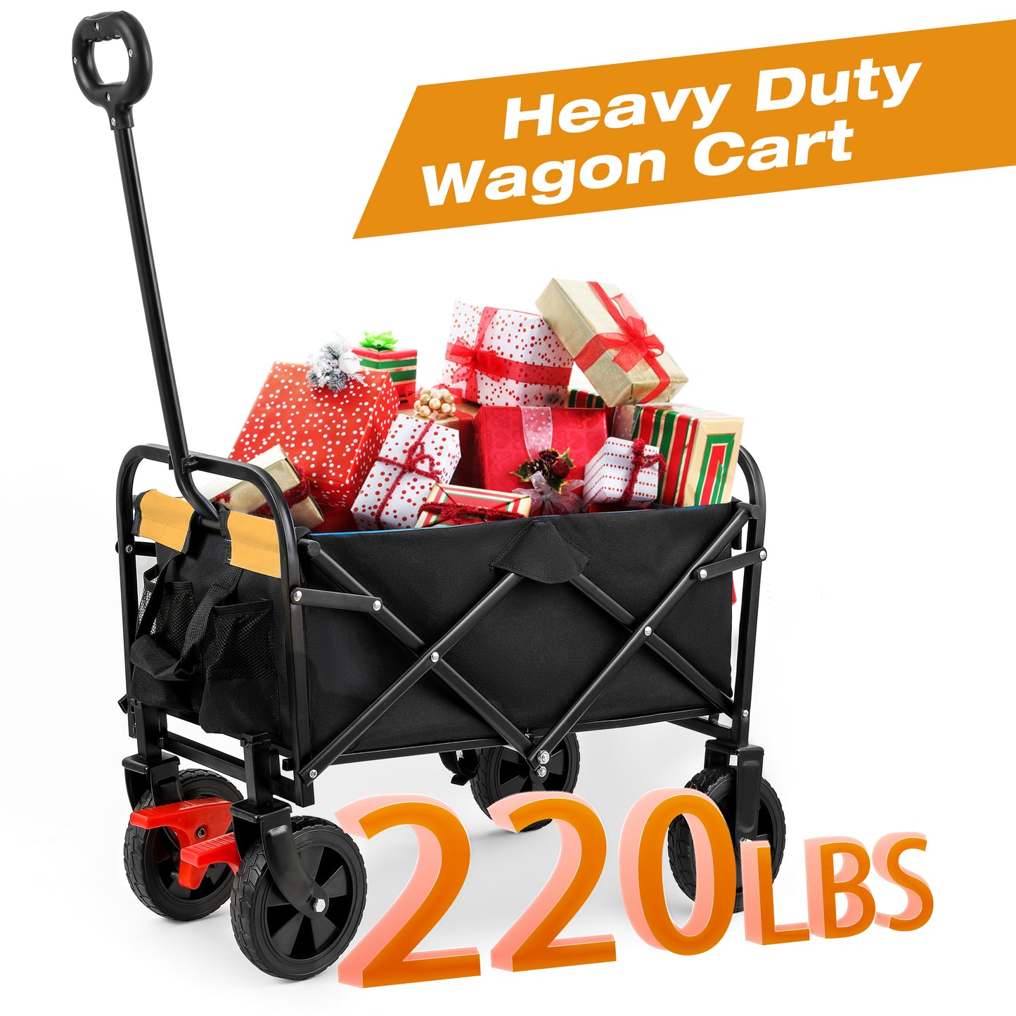 SHINPT Mini Wagon Cart with Wheel Foldable, Folding Wagons Carts with Silent Universal Wheels, Heavy Duty Utility for Shopping Beach Sports Fishing Camping, Orange and Black