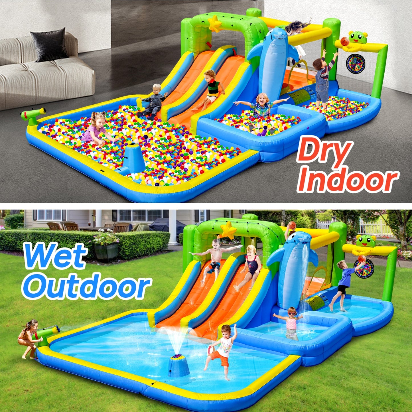 Inflatable Bounce House with 2 Slide, SHINPT 9 in 1 Inflatable Water Slide with Sprinkler Fountain, Water Gun, Target for Kids, Water Park Bounce House with Basketball Hoop, Blower and Ocean Ball