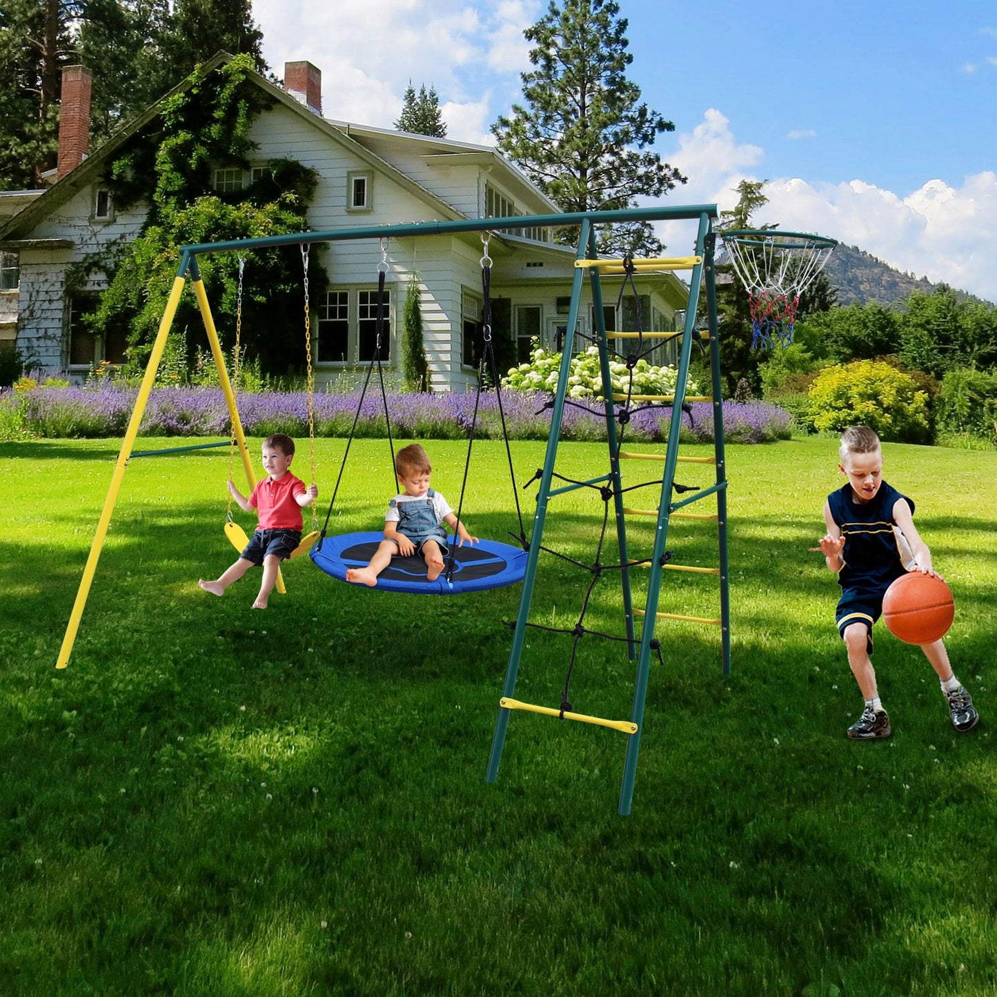 5 in 1 Swing Sets for Backyard, SHINPT Kids Outdoor Playground Equipment with Saucer Swing, A-Frame Heavy Duty Metal Swing Set with Climbing Ladder and Basketball Hoop for Age 3-8, 400 lbs Capacity