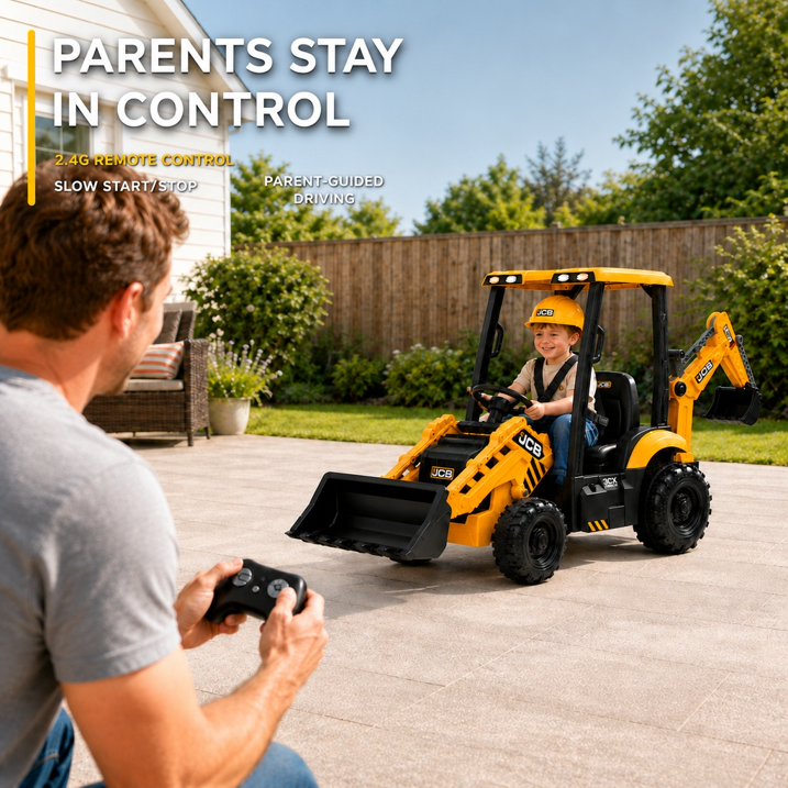 SHINPT Ride on Excavator, JCB, Realistic 2-in-1 Construction,  Toddler Excavator, Shovel & Digger, Electric Ride on Toy, 12V Battery Powered, Remote Control, Yellow, for Toddlers Boys 3-5 Years Old