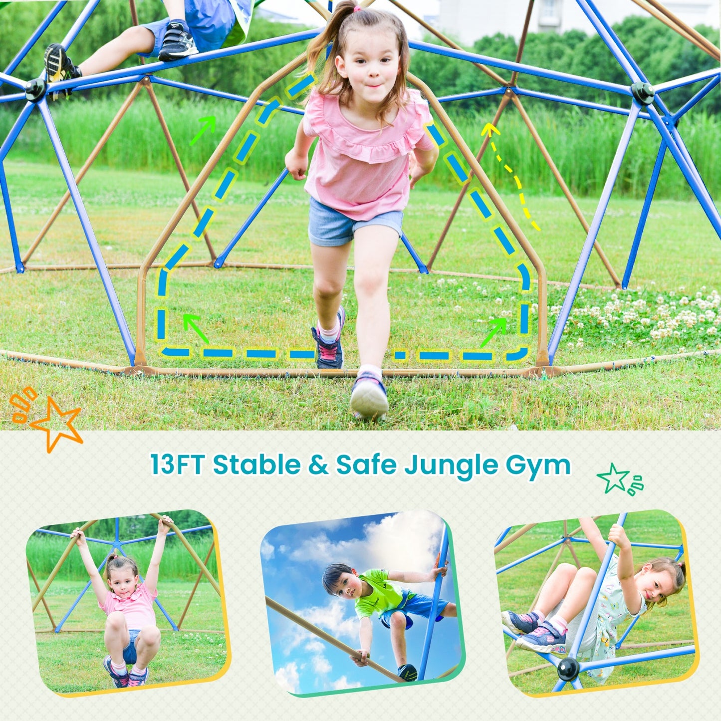 Climbing Dome for Kids Age 3-8, 13 ft Outdoor Jungle Gym with Rust & UV Resistant Steel, Geometric Playground Dome Climber Monkey Bars Climbing Tower for Backyard, Supporting 1000 LBS, Easy Assembly