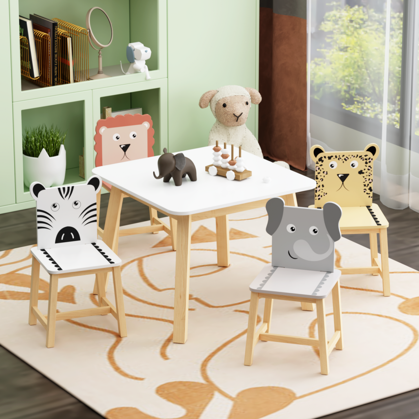 Kids Table and 4 Chairs Set, SHINPT 5 Pieces Wooden Activity Play Table Set with Non-Slip Legs , Toddler Table and Chair Set with Cute Animal, Kids Activity Table for Playroom, Classroom, Home