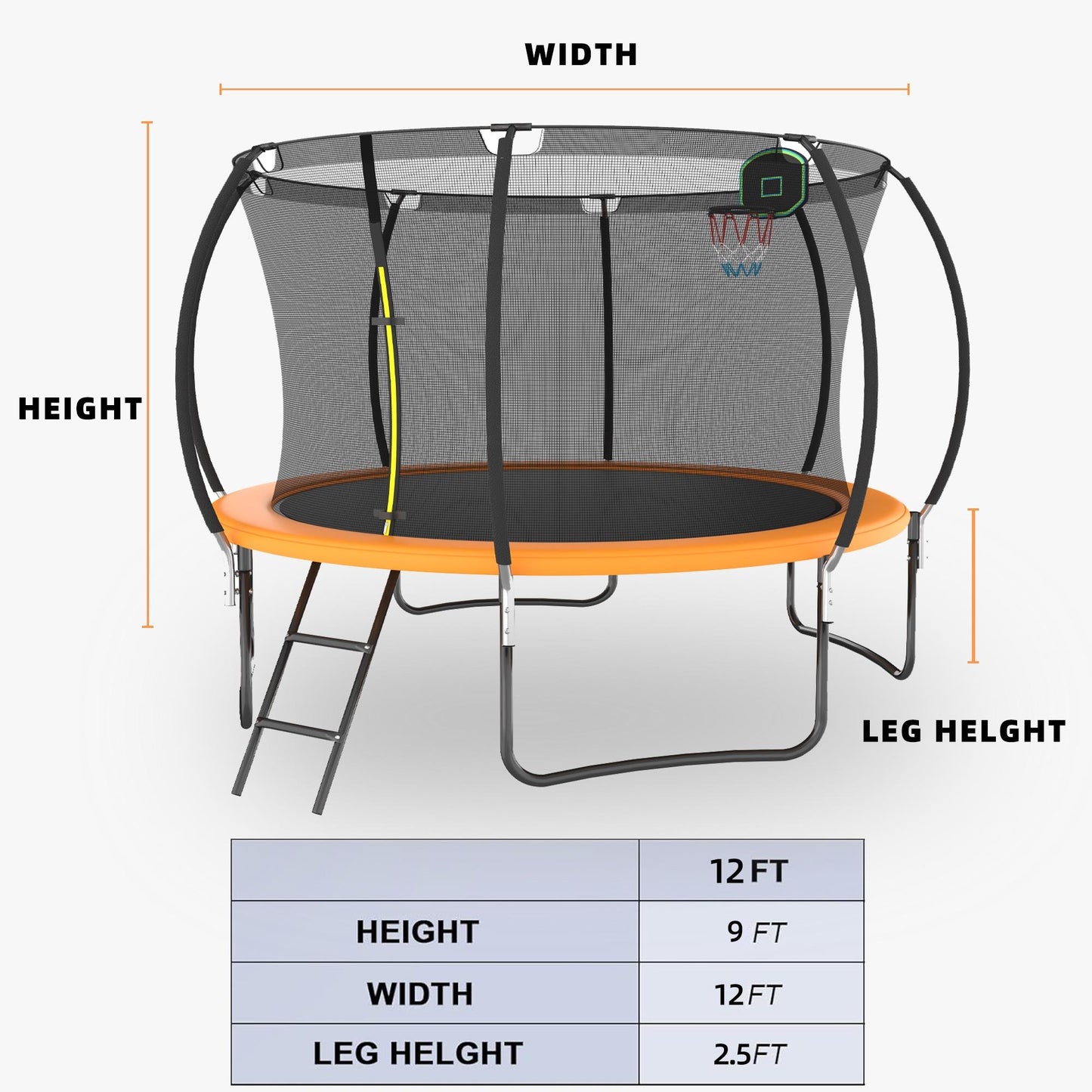 12FT Outdoor Trampoline with Basketball Hoop, SEGMART Upgraded Round Recreational Trampoline with Enclosure Net, Heavy Duty Backyard Trampoline with Ladder Spring Pad for Kids and Adults