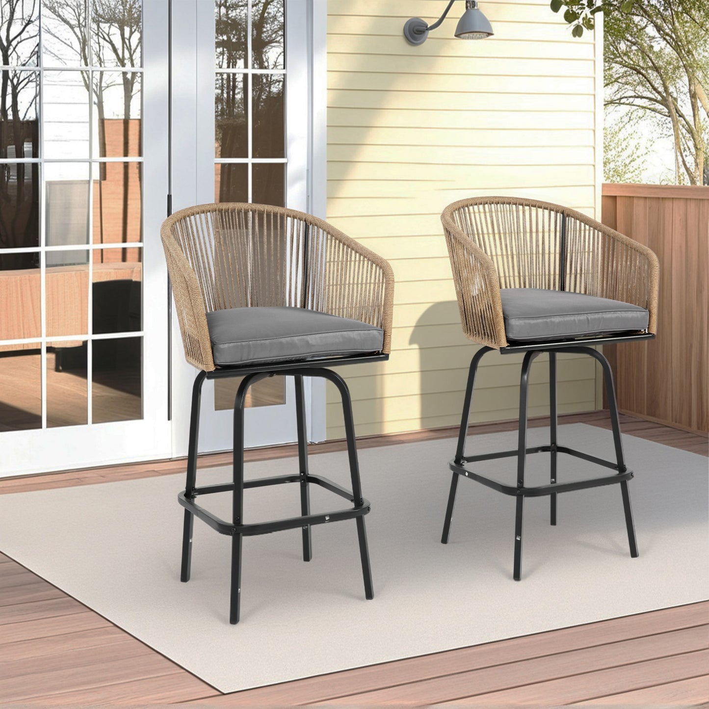 2 Pieces Outdoor Bar Stools, SHINPT Outdoor Patio Chairs Set of 2, Outdoor Counter Height Bar Stools with Armrests, Rattan Bistro Chairs with Backrest, Patio Chairs for Backyard, Garden, Pool
