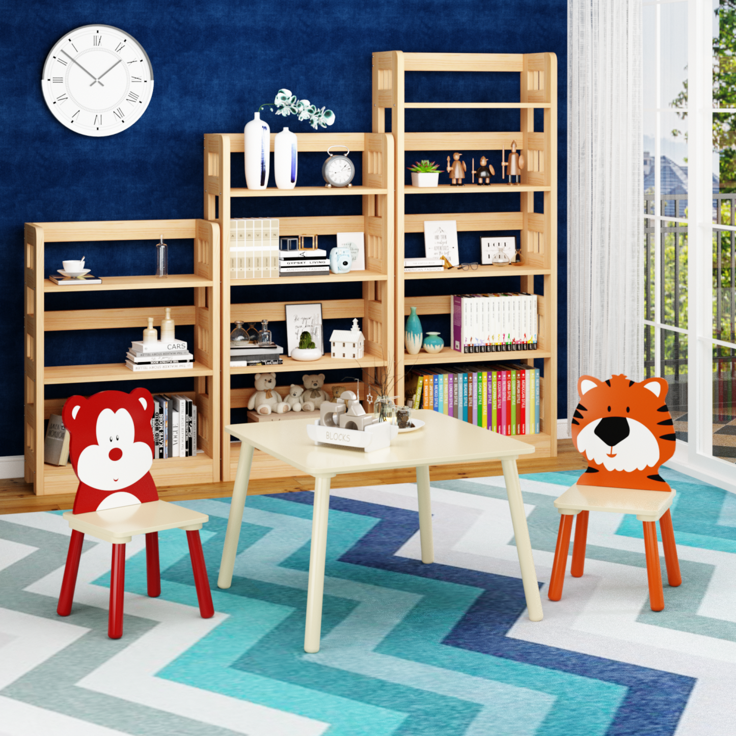 Kids Table and 2 Chairs Set, SHINPT 3 Pieces Wooden Activity Play Table Set with Non-Slip Legs , Toddler Table and Chair Set with Cute Bear&Tiger, Kids Activity Table for Playroom, Classroom, Home