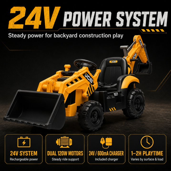 SHINPT Ride on Excavator, JCB, 24V Dual Motors,  Digger Ride on Toy, Front Loader & Backhoe, Remote Control Construction Toy, Yellow, for Toddler Boys 3-5 Years Old
