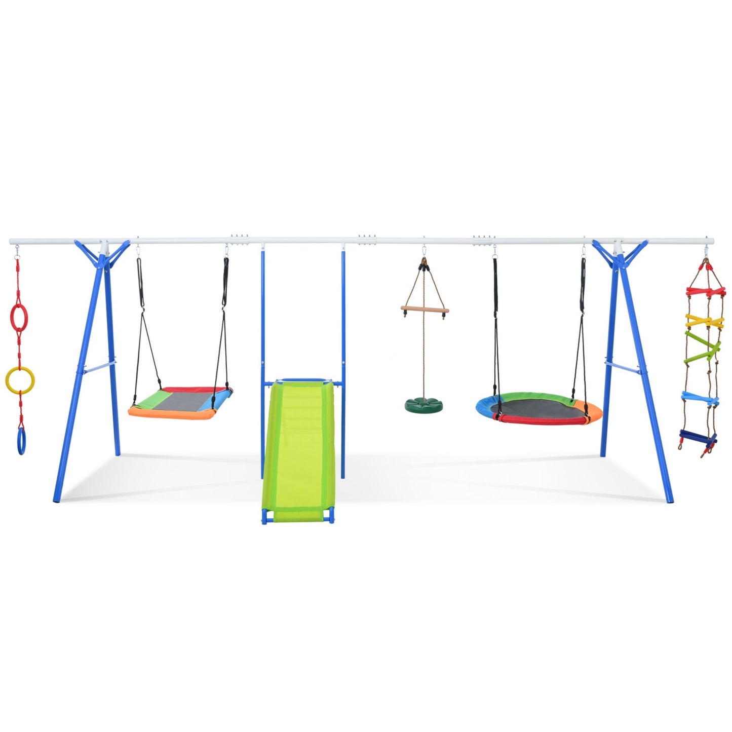 6 in 1 Swing Sets for Kids , BTMWAY Toddle Outdoor Swing Playsets with Climbing Rope Ladder, Disc Swing, Monkey Bar Swing, Slide and Climbing, Saucer Swing, Heavy Duty Swingset Outdoor for Kids 3-10
