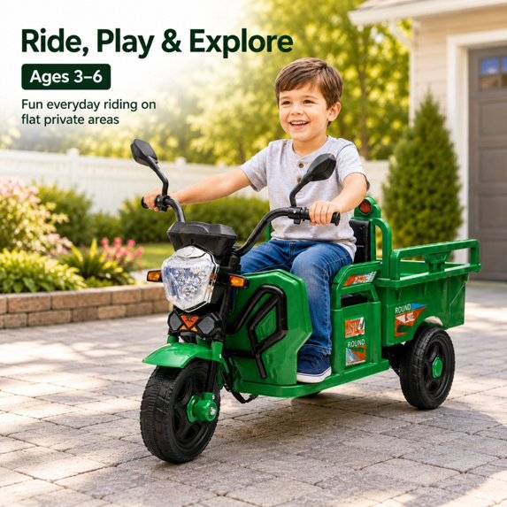 12V Kids Ride on Toy, SHINPT Powered Ride on Car with Large Storage Bed, 3-Wheel Cargo Truck with LED Lights & Music, Wide Seat, Toddler Ride on Toys for Ages 3-6, Green