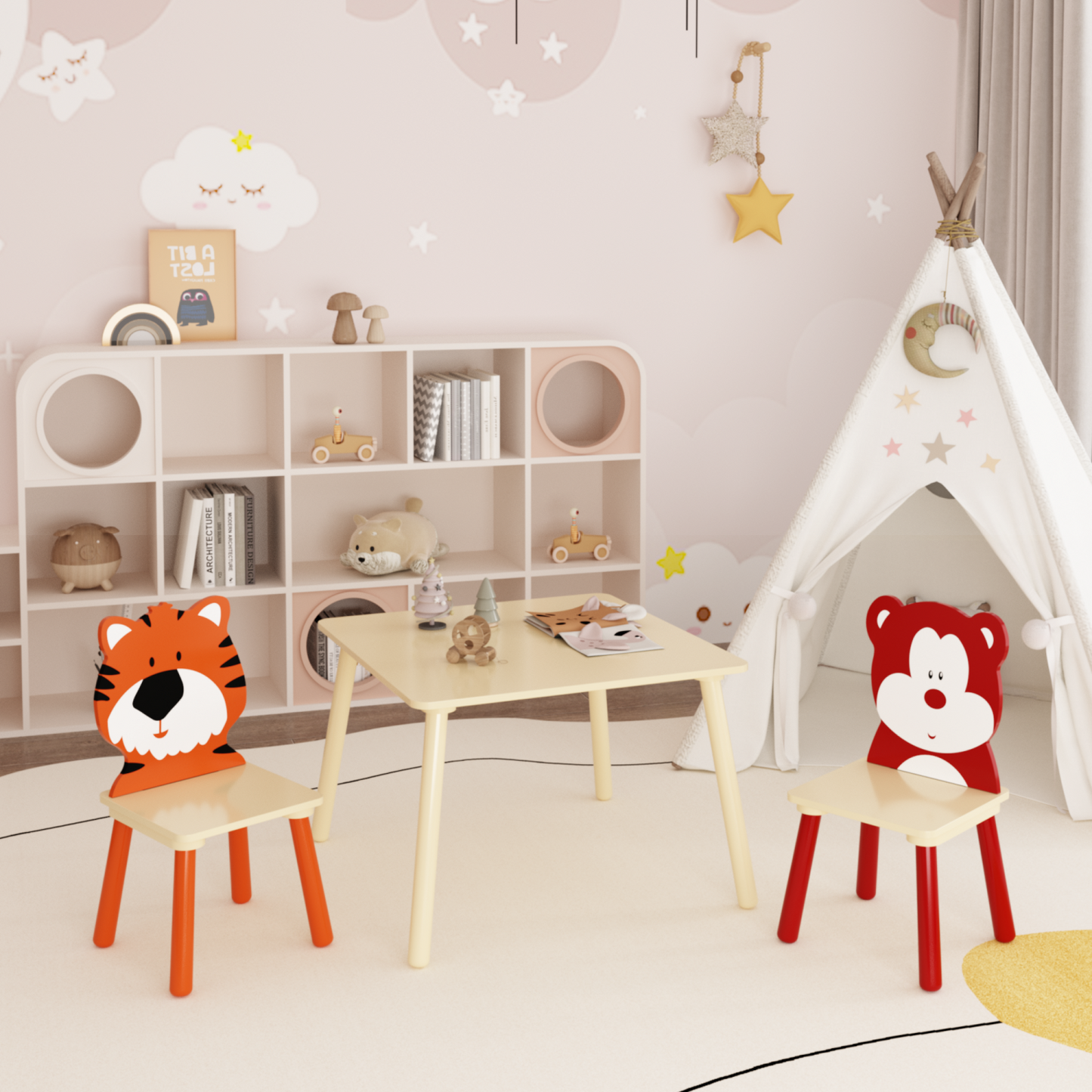 Kids Table and 2 Chairs Set, SHINPT 3 Pieces Wooden Activity Play Table Set with Non-Slip Legs , Toddler Table and Chair Set with Cute Bear&Tiger, Kids Activity Table for Playroom, Classroom, Home