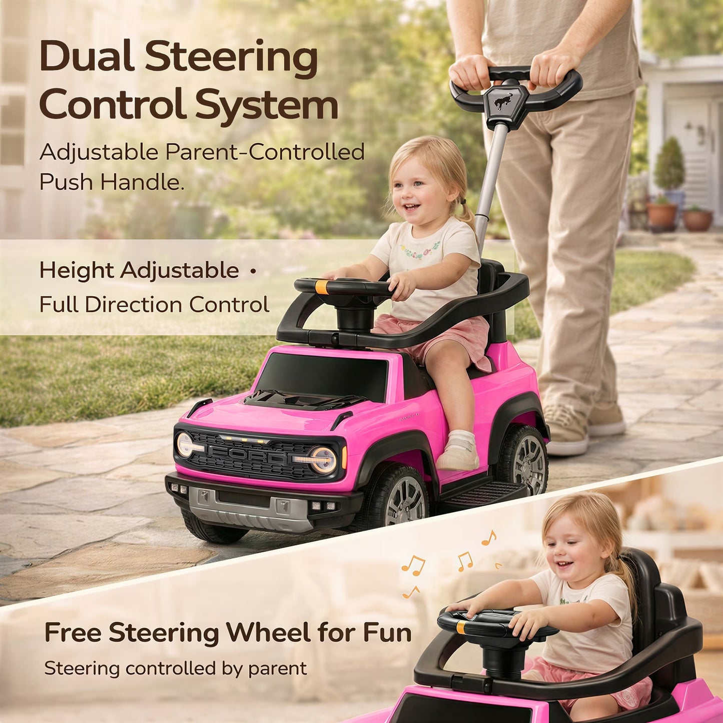 3 in 1 Push Car, Licensed Ford Bronco, SHINPT Toddler Push Car with Parent Control Handle, Safety Fence, Lights, Music & Storage, Ride on Toy for Toddlers 18-36 Months, Pink