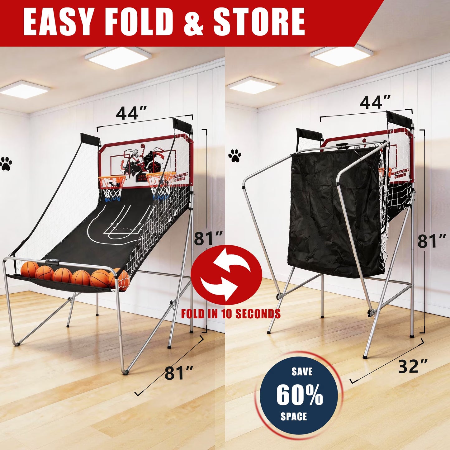 SHINPT Electronic Basketball Arcade Game, 2 Player Indoor Basketball Arcade Game for Kids Adults, Foldable Arcade Basketball with 8 Game Modes,  Electronic Scorer, Basketball Hoop, 6 Balls, Air Pump
