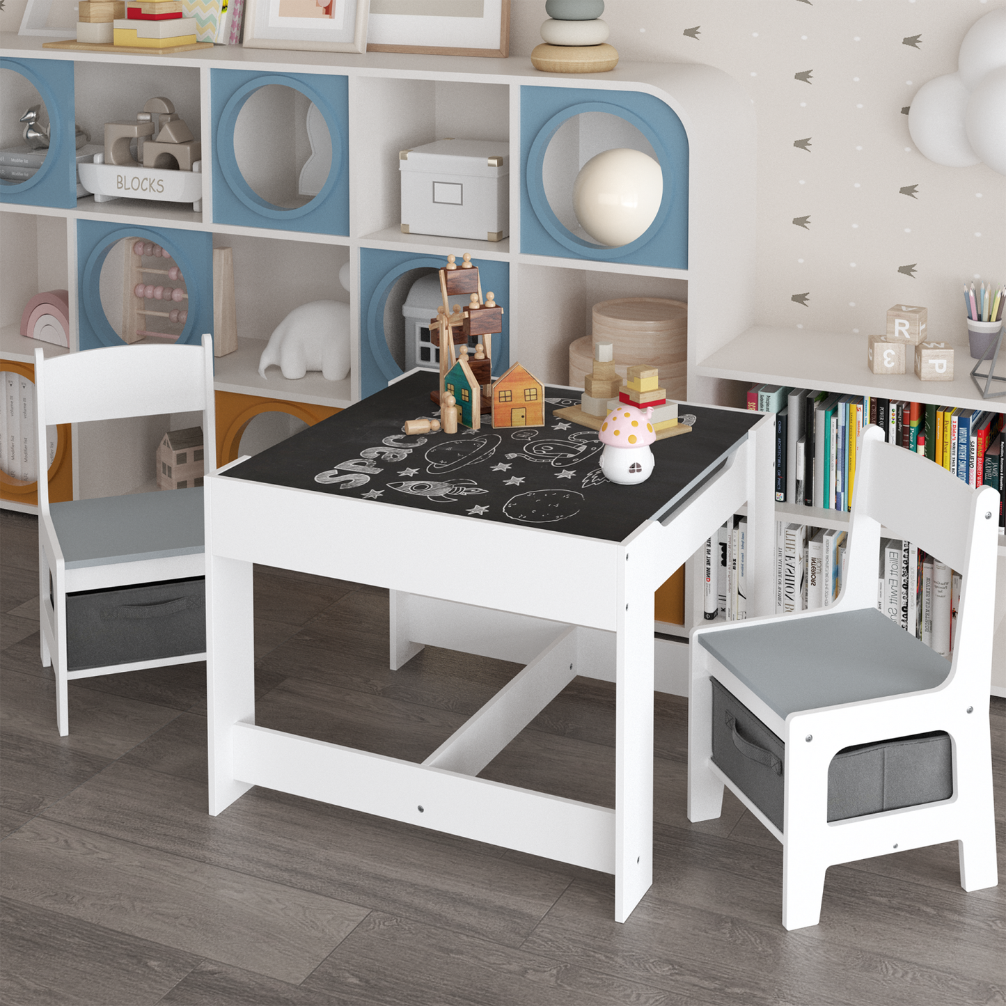 Kids Table and Chair Set for Ages 3-7, SHINPT 3 in 1 Toddler Desk and Chair Set with Storage Drawer, 2 in 1  Wooden Activity Table with  Detachable Tabletop for Nursery, Playroom, Classroom,Home