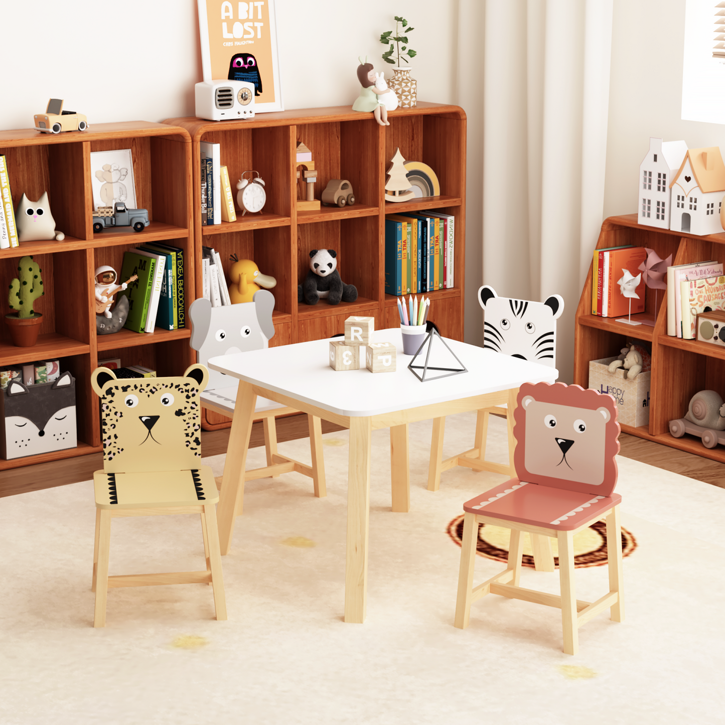 Kids Table and 4 Chairs Set, SHINPT 5 Pieces Wooden Activity Play Table Set with Non-Slip Legs , Toddler Table and Chair Set with Cute Animal, Kids Activity Table for Playroom, Classroom, Home