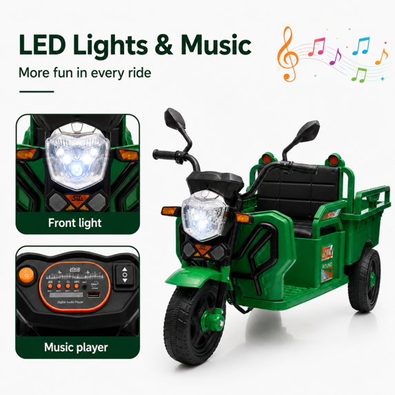 12V Kids Ride on Toy, SHINPT Powered Ride on Car with Large Storage Bed, 3-Wheel Cargo Truck with LED Lights & Music, Wide Seat, Toddler Ride on Toys for Ages 3-6, Green