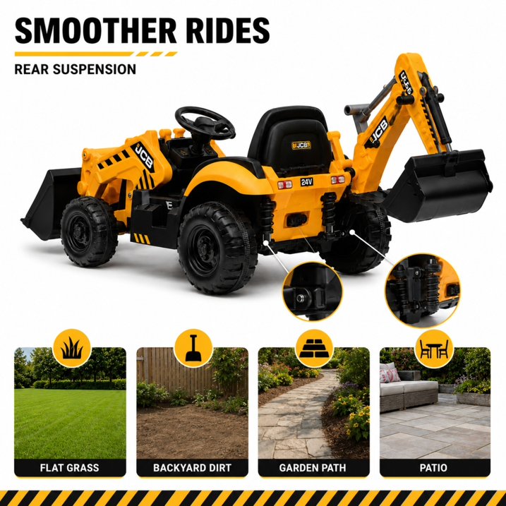SHINPT Ride on Excavator, JCB, 24V Dual Motors,  Digger Ride on Toy, Front Loader & Backhoe, Remote Control Construction Toy, Yellow, for Toddler Boys 3-5 Years Old