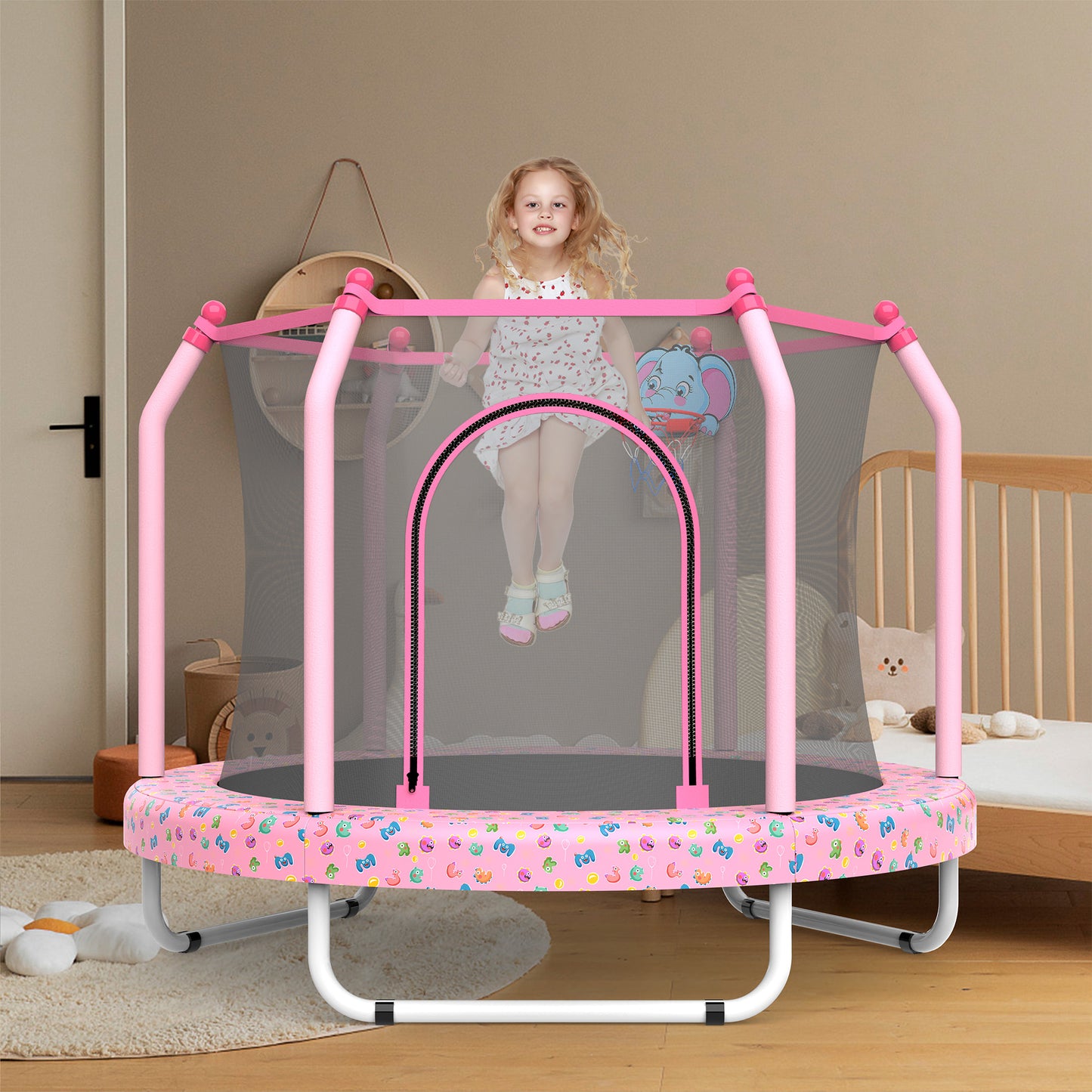 SHINPT 55" Kids Trampoline for Kids Age2-8, Indoor/Outdoor Toddler Trampoline Featuring Safety Handle, Easy Assembly, Entertainment Trampoline Basketball Hoop for Backyard, Patio