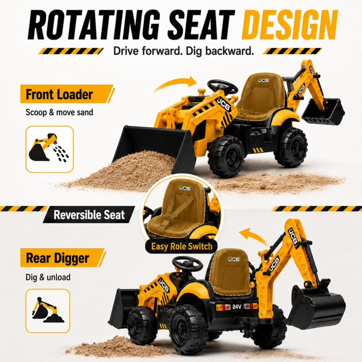 SHINPT Ride on Excavator, JCB, 24V Dual Motors,  Digger Ride on Toy, Front Loader & Backhoe, Remote Control Construction Toy, Yellow, for Toddler Boys 3-5 Years Old
