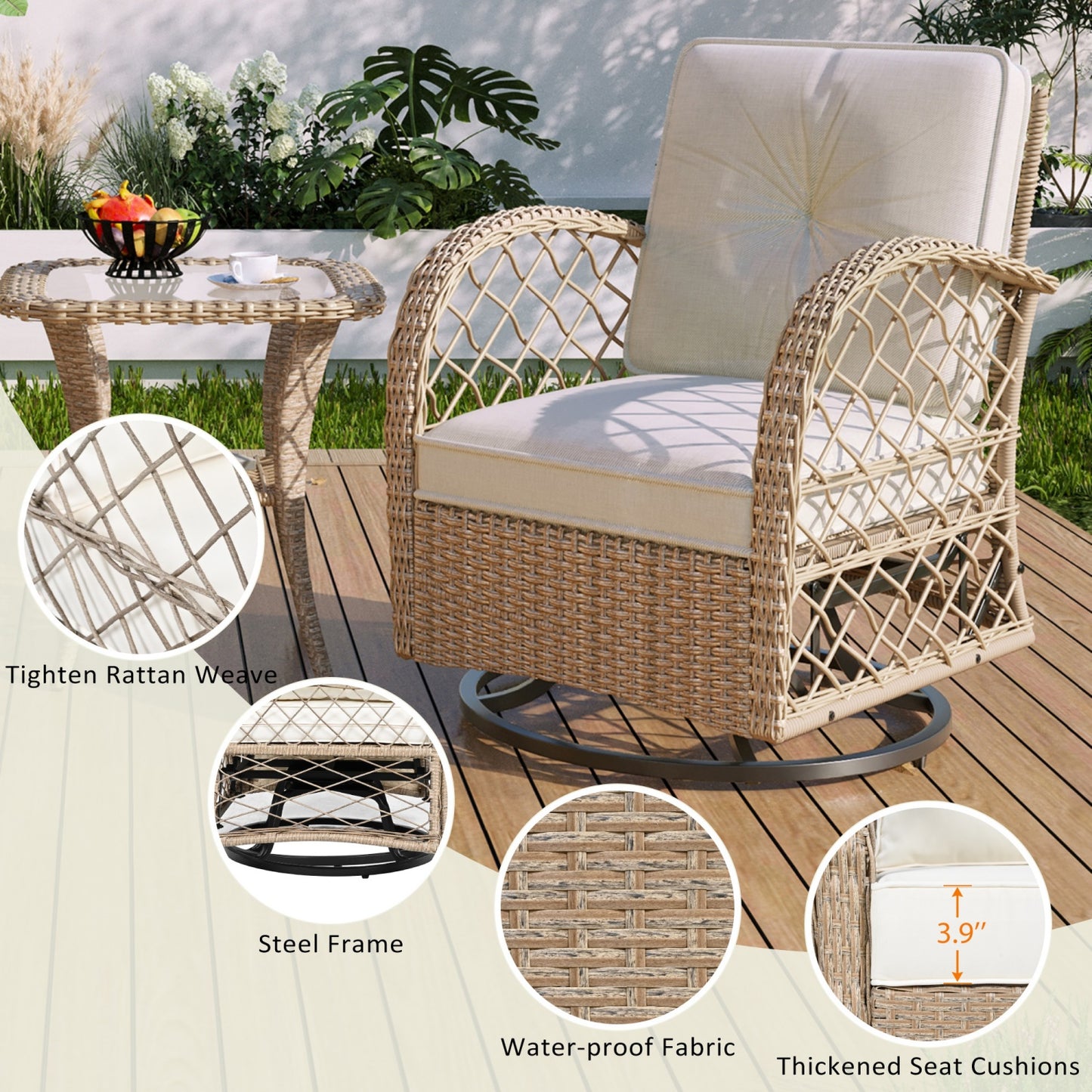 Outdoor Rocking Chair Set of 2, SHINPT All Weather Wicker Patio Furniture Set with Premium Fabric Cushions, Front Porch furniture Set with Table Set for Balcony, Deck, Yard, Natural/Brown