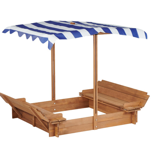 Wooden Sandbox with Lid, SHINPT 46'' Kids Sandbox with 2 Foldable Bench Seats, Toddler Sandbox with Canopy Outdoor, Sand Pit for Kids 2-6, UV-Protection & Natural Wood, Perfect for Backyard, Beach