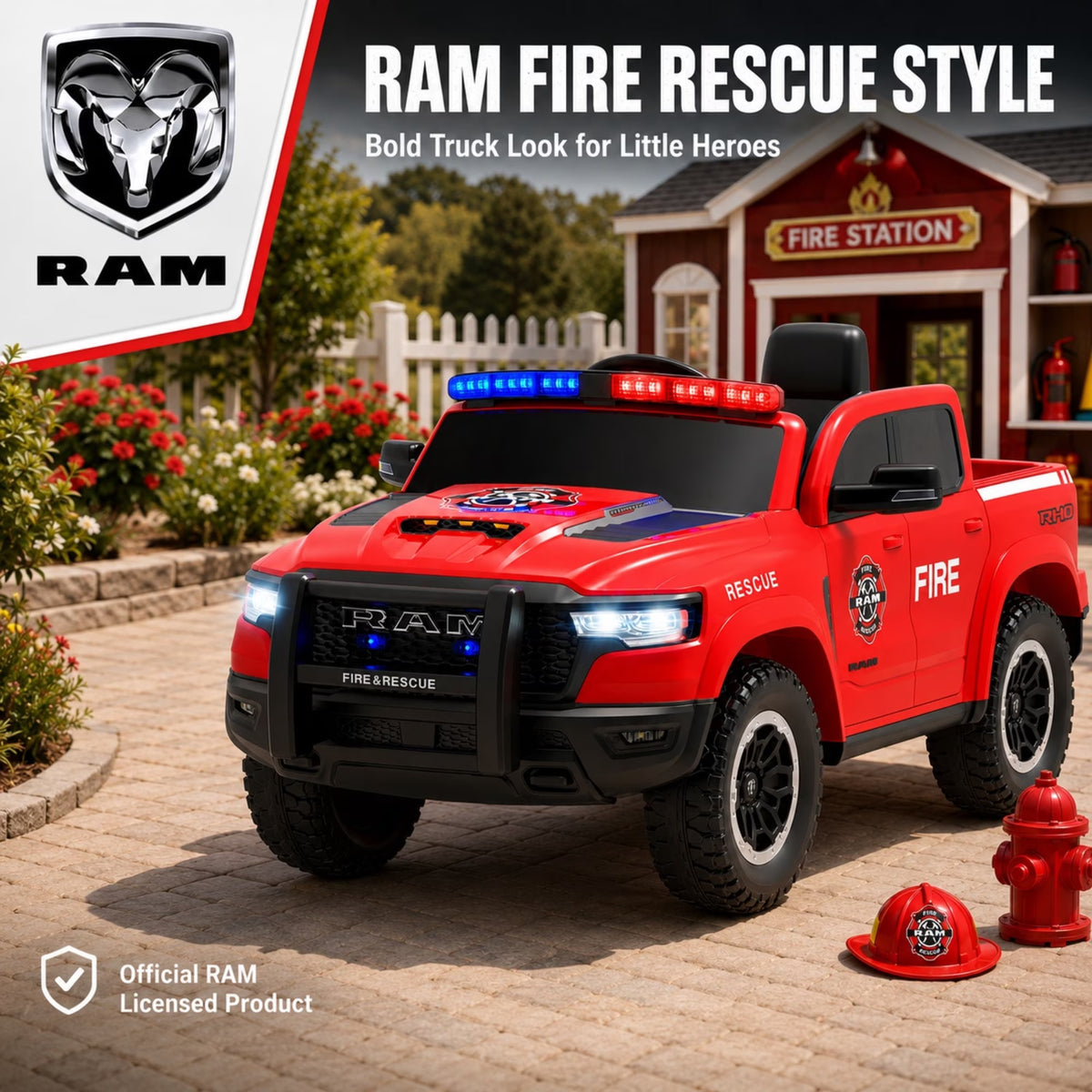 SHINPT Ride on Fire Truck,  RAM1500 12V Electric Fire Truck with Parental Remote, Bluetooth & Siren Lights, 44.49”*26.77”*22.44”Red Kids Ride on Car for Boys Girls Ages 3-8, 36.16lbs