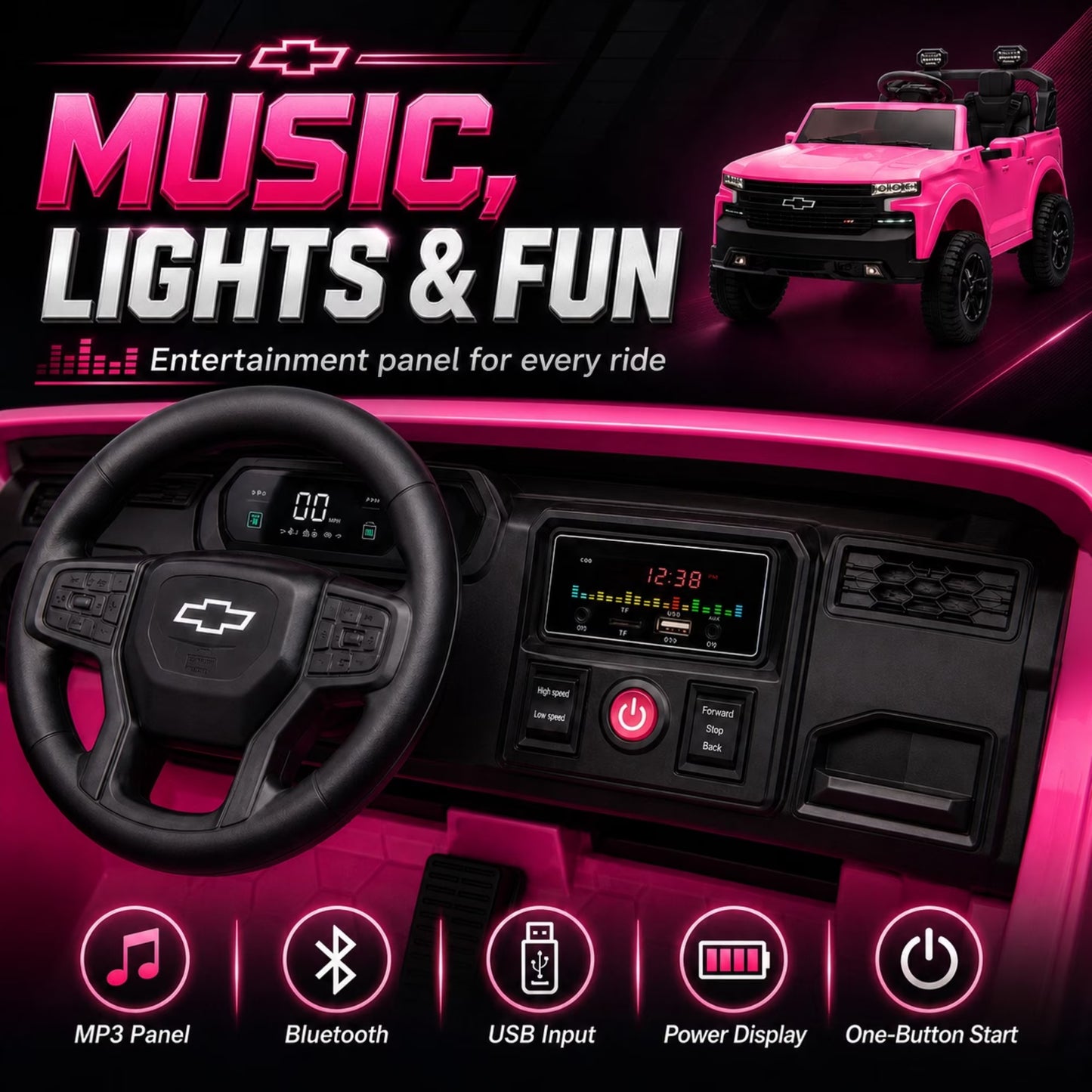SHINPT 24V Ride on Car, Chevrolet Silverado Licensed, 2 Seater Electric Truck for Kids, Remote Control, 3-Speed, Safety Belt, Bluetooth Music, LED Headlights, Battery Power, Ages 3+, 46.30lbs, Pink