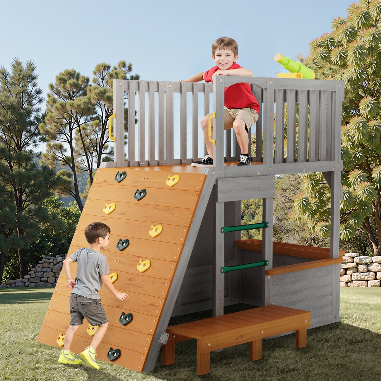 Kids Outdoor Play Equipment, Wooden Playground Sets for Backyards with Lookout Post, Telescope, Seats, Door, Ladder and Climb Ramp, Toddler Outdoor Playset for Kids Ages 3-8 Children, Easy Set Up