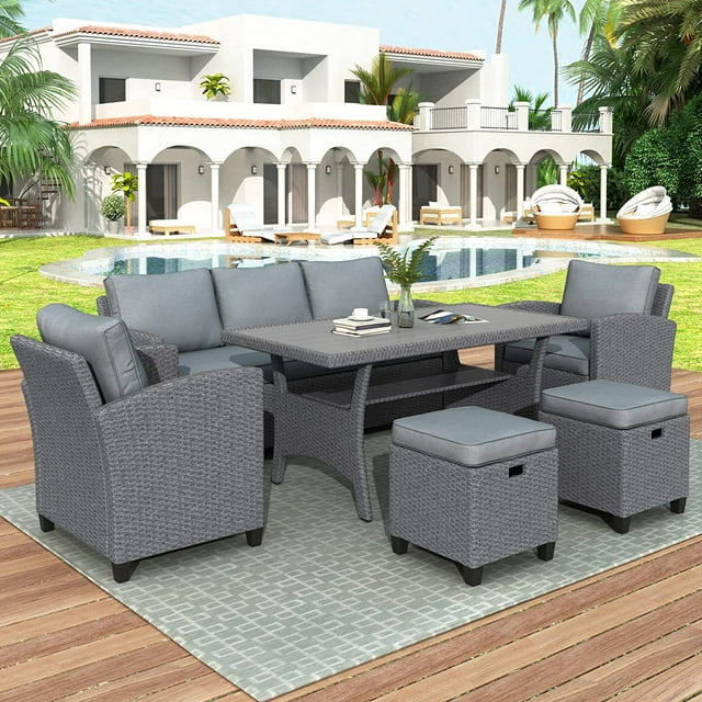 Shinpt 6-Piece Patio Furniture Set with Sofa, Chair, Stools and Table, Outdoor Rattan Wicker Set for Patio, Garden, Backyard, Outdoor Sectional Furniture Set(Gray Rattan+Gray Cushion)