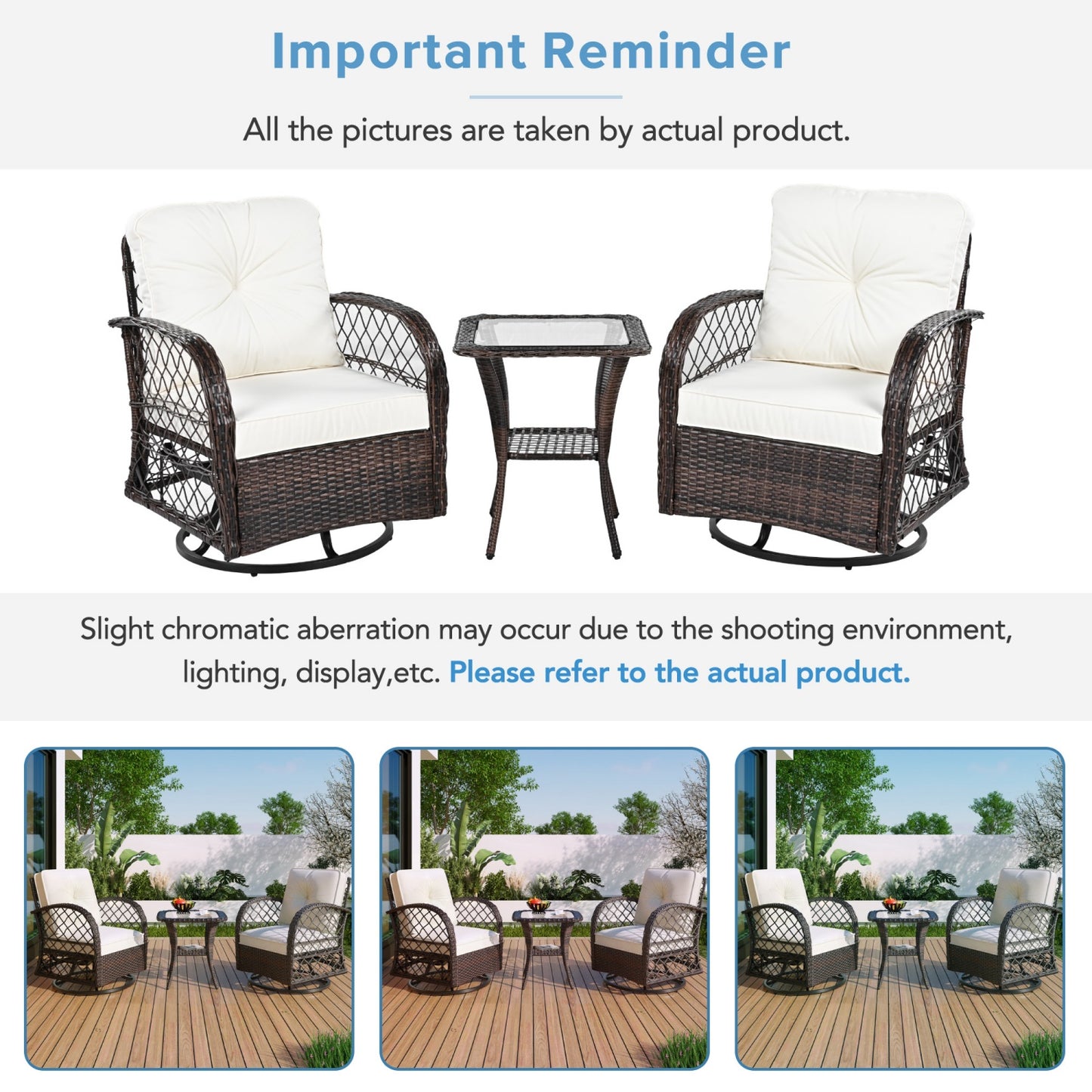 Outdoor Rocking Chair Set of 2, SHINPT All Weather Wicker Patio Furniture Set with Premium Fabric Cushions, Front Porch furniture Set with Table Set for Balcony, Deck, Yard, Natural/Brown