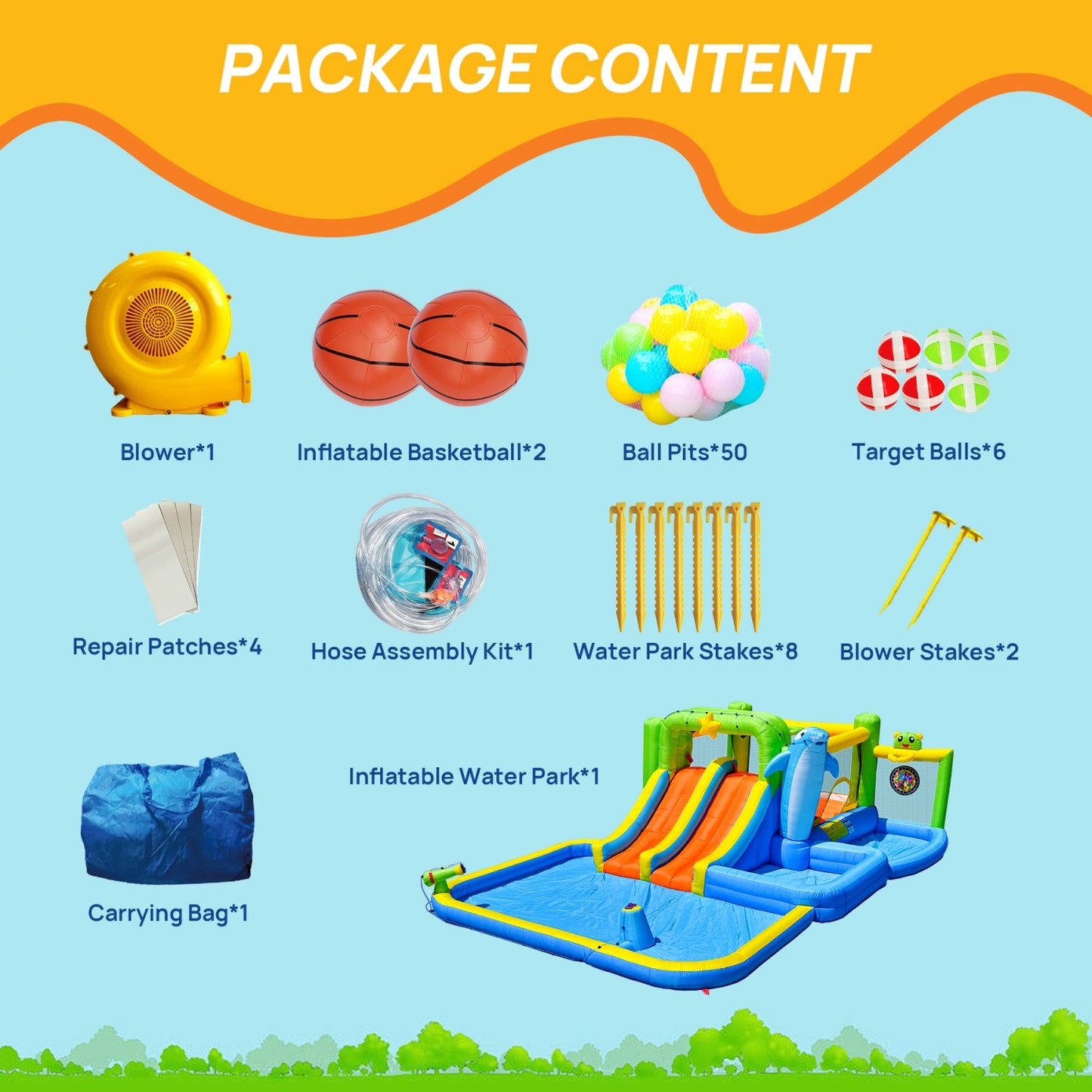 Inflatable Bounce House with 2 Slide, SHINPT 9 in 1 Inflatable Water Slide with Sprinkler Fountain, Water Gun, Target for Kids, Water Park Bounce House with Basketball Hoop, Blower and Ocean Ball