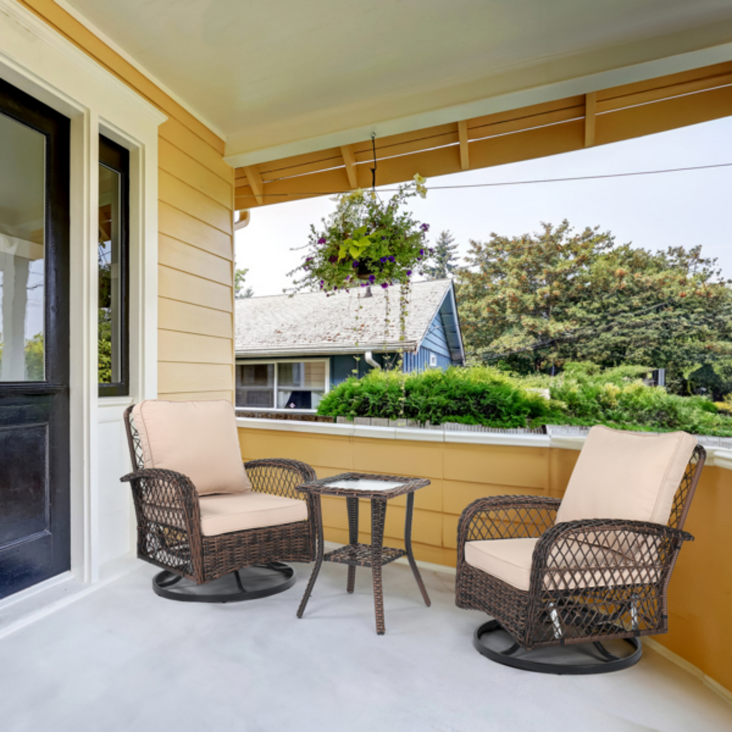 3-Piece Outdoor Swivel Rocker Set with Side Table & Weather-Resistant Cushions, Outdoor Patio Furniture Set with PE Wicker Glider Chairs for Porch, Deck, Backyard (Brown Gradient)