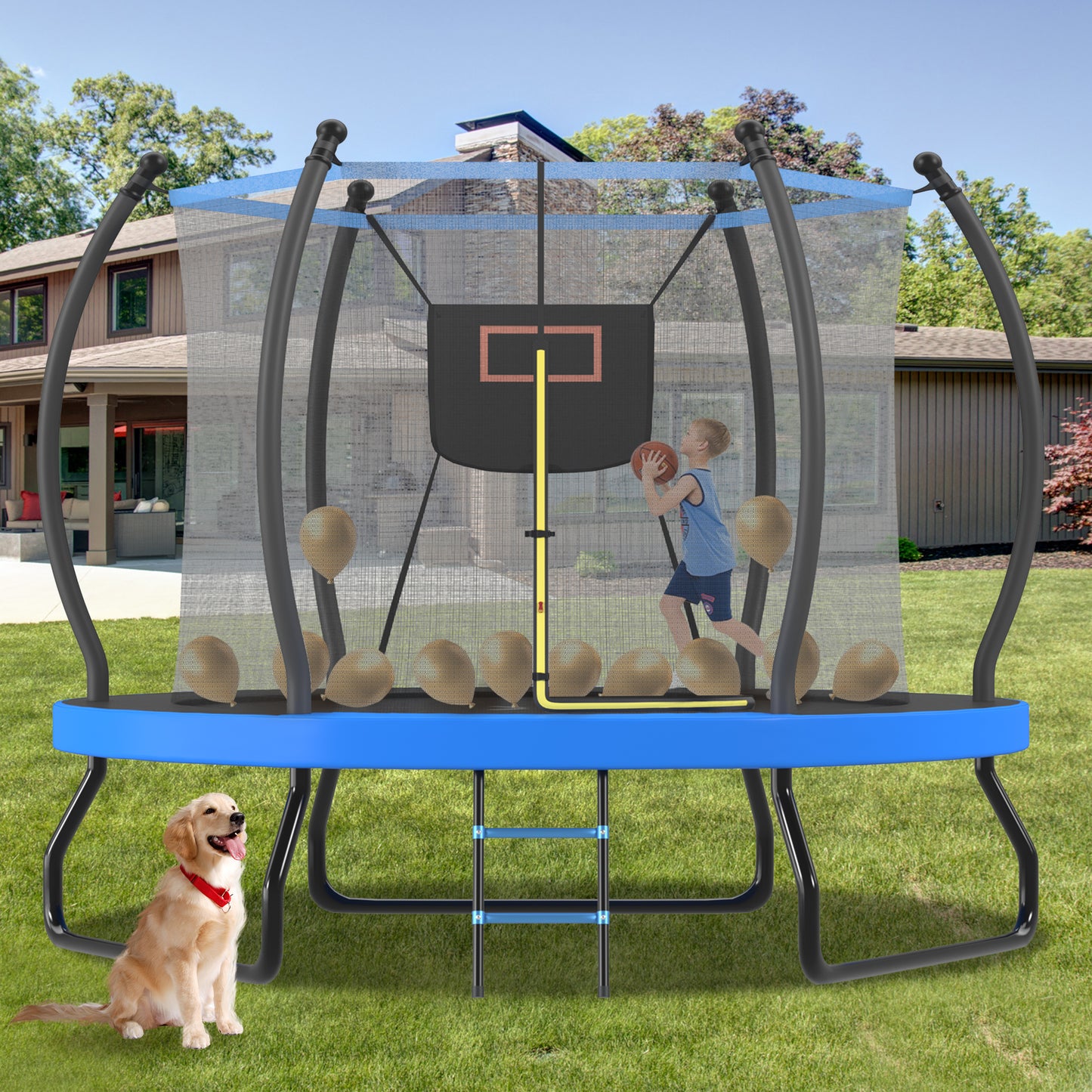 SHINPT 10FT Outdoor Trampoline for Kids & Adults, Rebounder Trampolines with Enclosure Net, Ladder, Coating Metal Frame, Recreational Large Backyard Trampoline for Garden, Park, Backyard