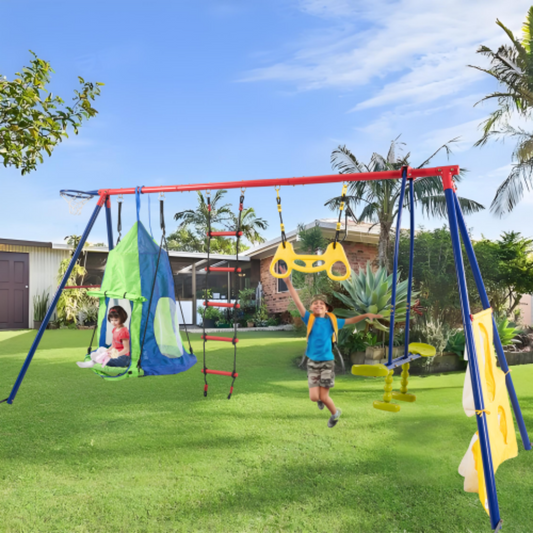 Yardmaster 6-in-1 Kids Swing Sets, Rainbow Colour Kids Swing Set with Padded Saucer and Climbing Ladder, Playground Sets for Backyards with Basketball Hoop, Soccer Net and Two Facing Swings