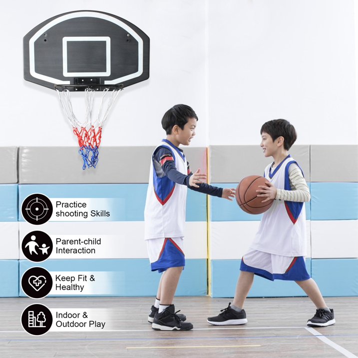 SHINPT Wall Mounted Basketball Hoop, SHINPT 1-Piece Folding Basketball Rim with Shatterproof Backboard, Indoor Outdoor Basketball Goal with All-Weather Net, 28.5 x 18 in, Black, for Garage Backyard Home