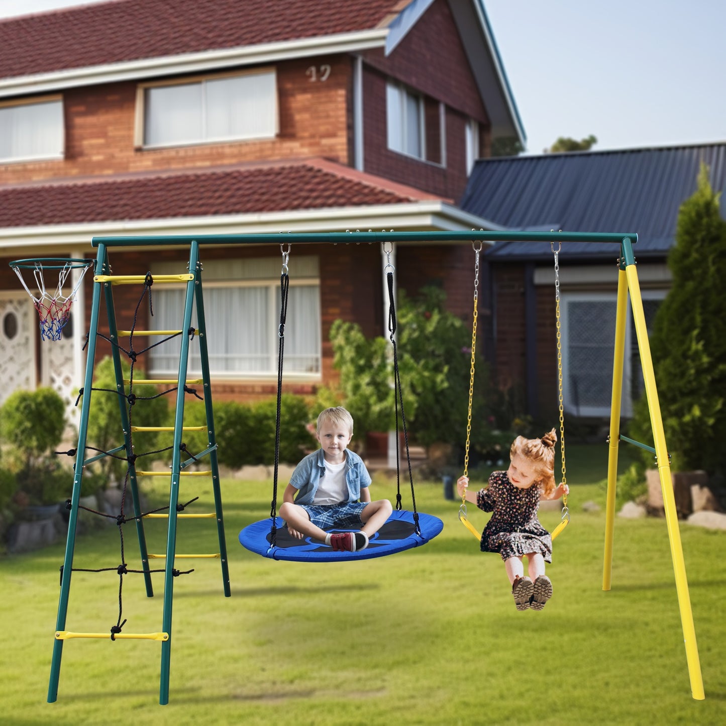 5 in 1 Swing Sets for Backyard, SHINPT Kids Outdoor Playground Equipment with Saucer Swing, A-Frame Heavy Duty Metal Swing Set with Climbing Ladder and Basketball Hoop for Age 3-8, 400 lbs Capacity