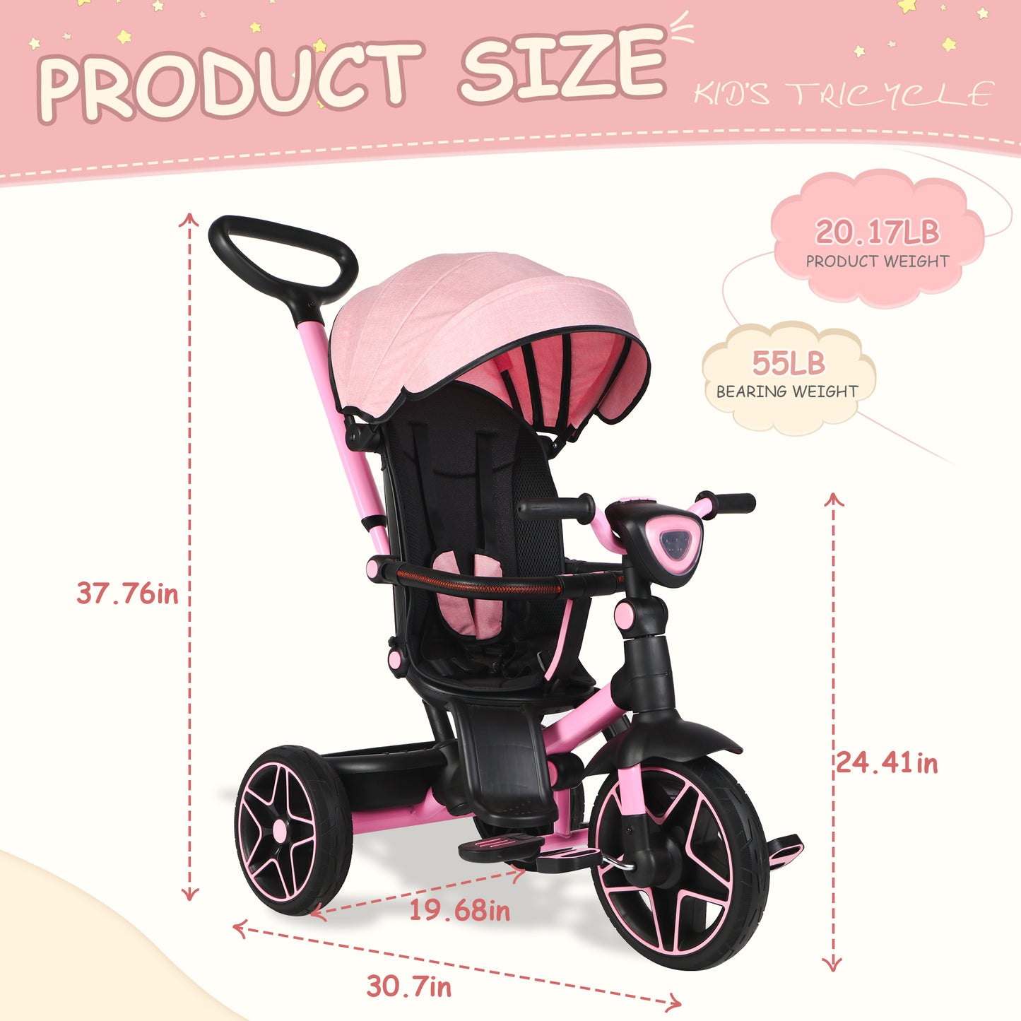 Shinpt 6 in 1 Kids' Baby Tricycle Stroller with 360°Rotatable Seat, Retractable Canopy, Adjustable Push Handle, Detachable Guardrail, and Rear Basket for Toddlers 18 Months to 6 Years，Pink