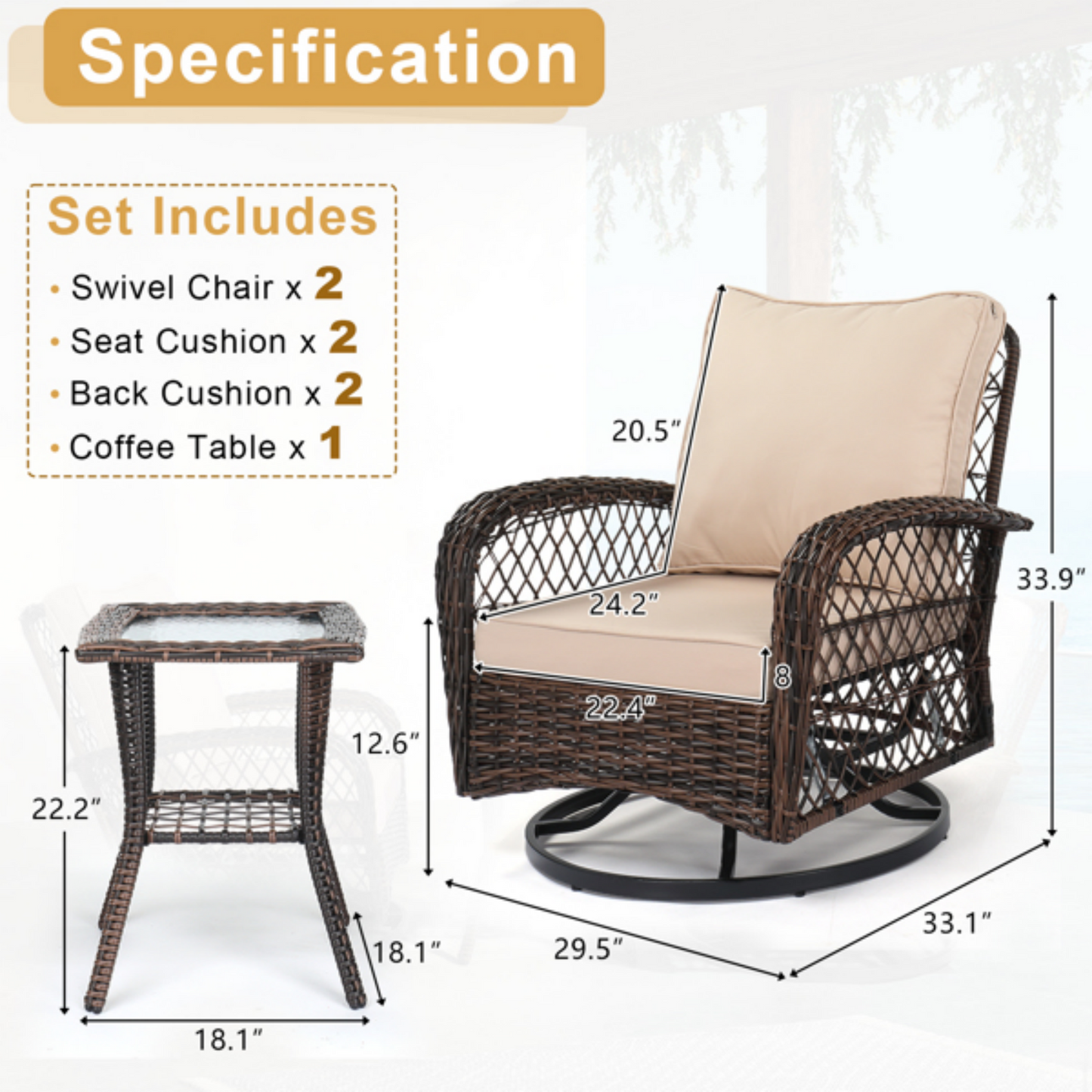 Outdoor Swivel Glider Rocking Chair Set with 360° Rotation, Patio Furniture Set with All-Weather PE Rattan & Plush Cushions for Patio, Porch, Deck