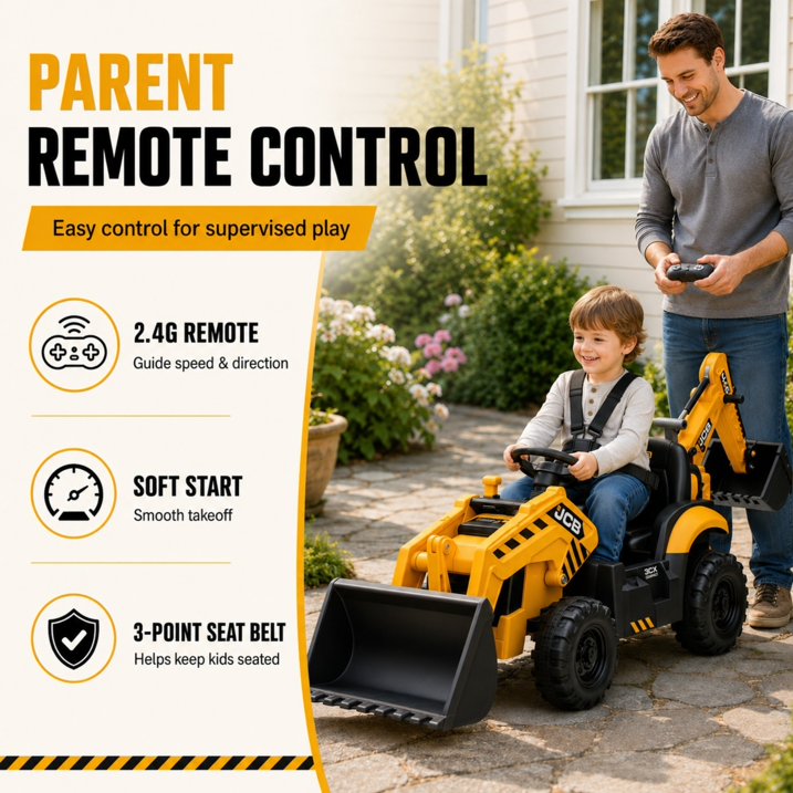SHINPT Ride on Excavator, JCB, 24V Dual Motors,  Digger Ride on Toy, Front Loader & Backhoe, Remote Control Construction Toy, Yellow, for Toddler Boys 3-5 Years Old