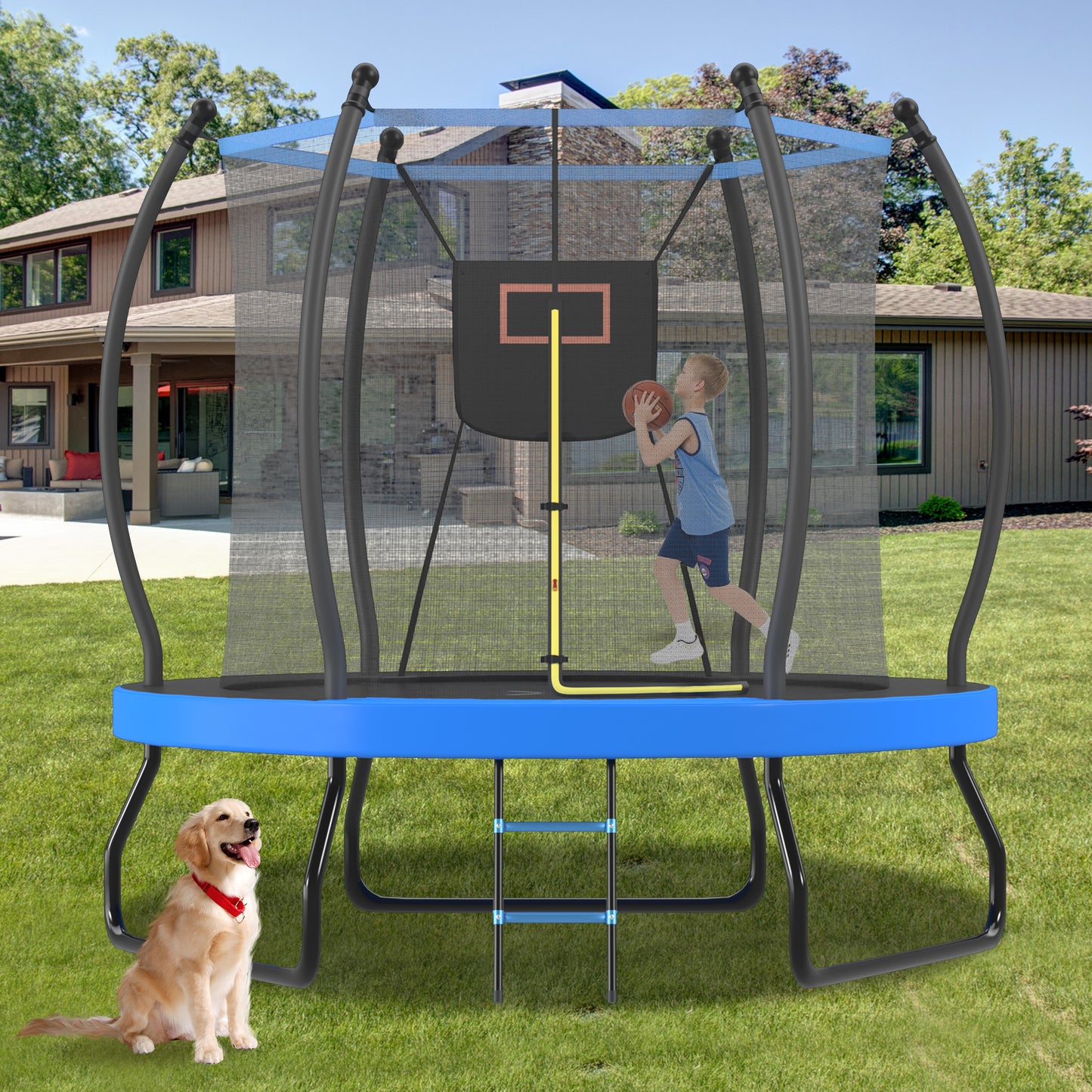 SHINPT 8FT Outdoor Trampoline for Kids & Adults, Rebounder Trampolines with Enclosure Net, Ladder, Coating Metal Frame, Recreational Large Backyard Trampoline for Garden, Park, Backyard