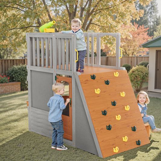 Kids Outdoor Play Equipment, Wooden Playground Sets for Backyards with Lookout Post, Telescope, Seats, Door, Ladder and Climb Ramp, Toddler Outdoor Playset for Kids Ages 3-8 Children, Easy Set Up
