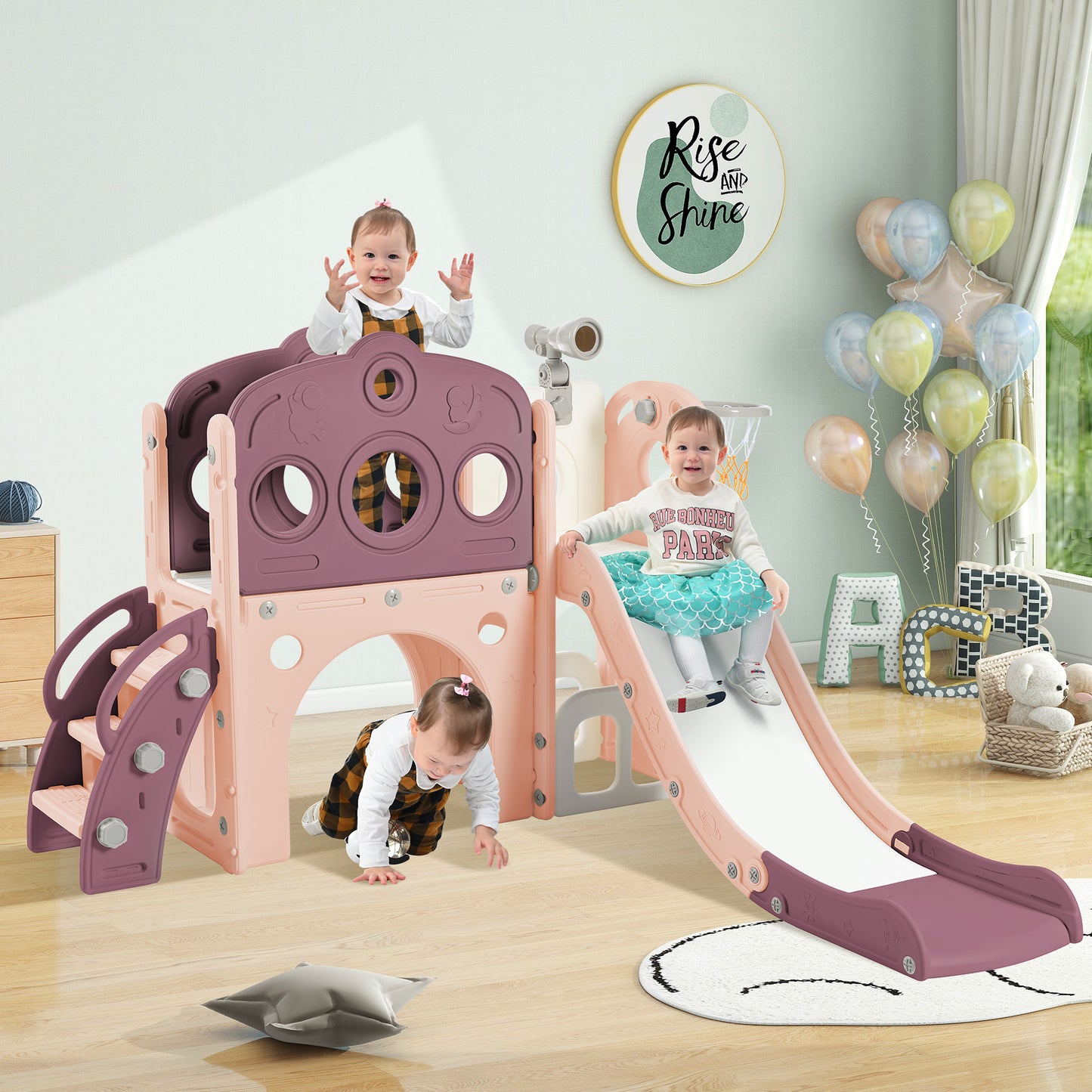 7 in 1 Toddler Slide Set, Freestanding Spaceship Set with Slide, Kids Slide Playset Structure, Arch Tunnel and Basketball Hoop, Toy Storage Organizer for Toddlers, Kids Climbers Playground,Purple