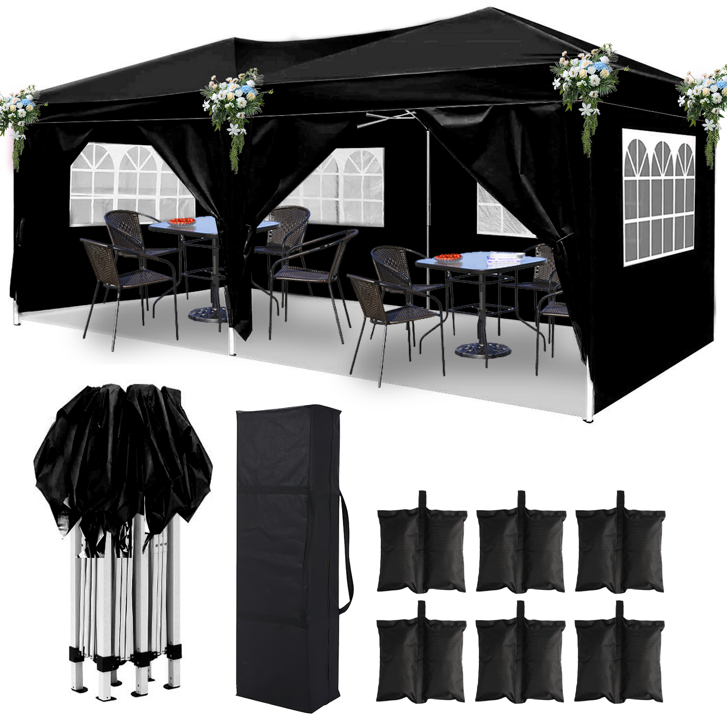 SHINPT 10 x 20ft Black Pop up Canopy Tent Outdoor, Event Canopy Tent with 6 Sidewalls and 4 Windows, Outdoor Tent for Backyard Party, Wedding Gazebo Tent with Upgrade Raised Roof and Carry Bag