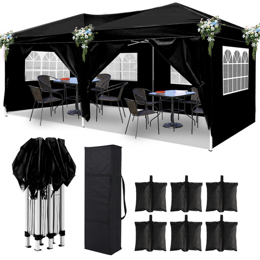 SHINPT 10 x 20ft Black Pop up Canopy Tent Outdoor, Event Canopy Tent with 6 Sidewalls and 4 Windows, Outdoor Tent for Backyard Party, Wedding Gazebo Tent with Upgrade Raised Roof and Carry Bag