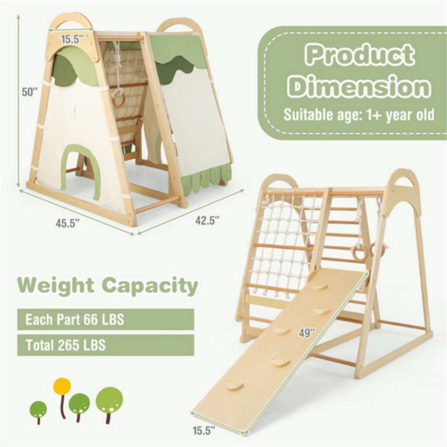 6-in-1Indoor Playground Jungle Gym, Toddlers Triangle Climbing Toys Set with Monkey Bars, Rock Climbing Wall, Gymnasitic Ring, Climbing Net and Ladder, Wooden Montessori Climbing Toys for Kids 1-6