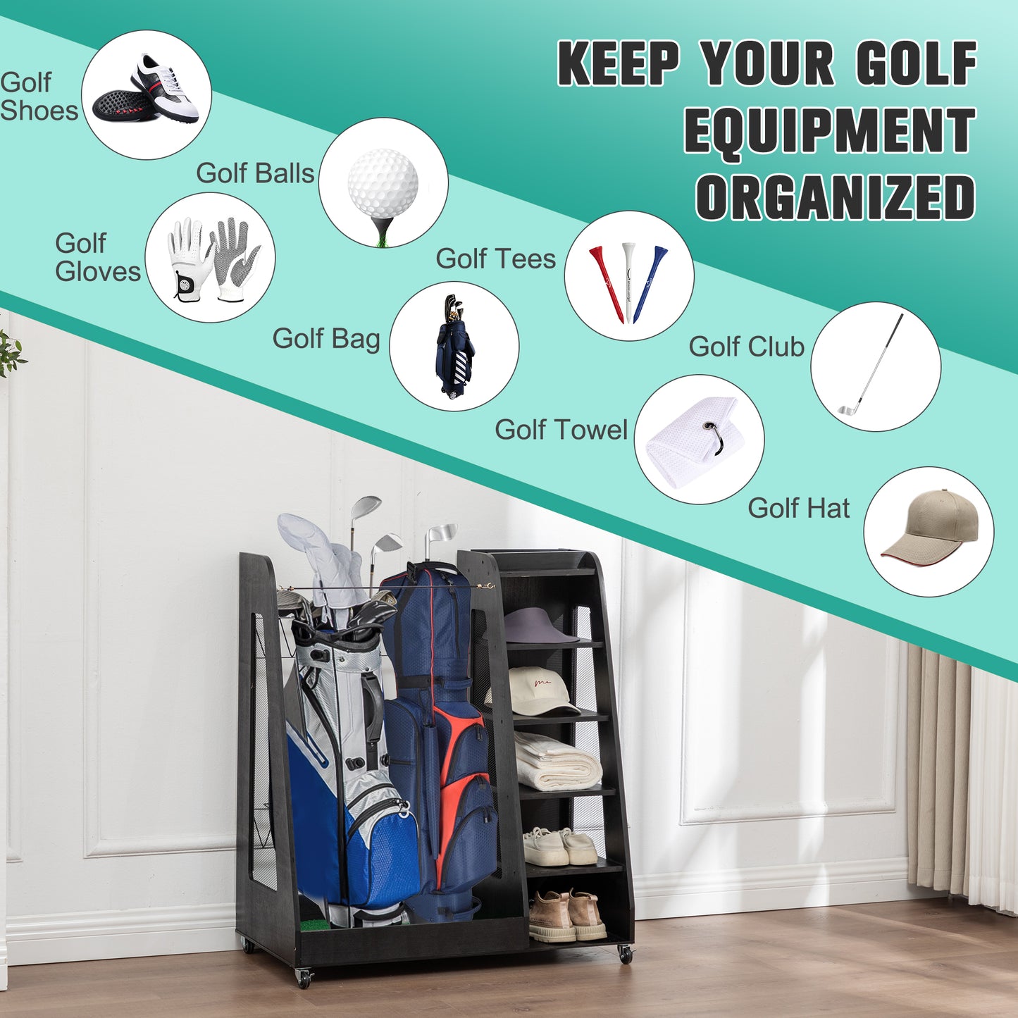 35.5" Golf Bag Storage with Drawers, SHINPT Wooden Golf Bag Organizer for Golf Balls, Shoes & Accessories, Heavy Duty Golf Storage Organizer for Garage, Basement, Easy to Assemble Golf Storage Rack