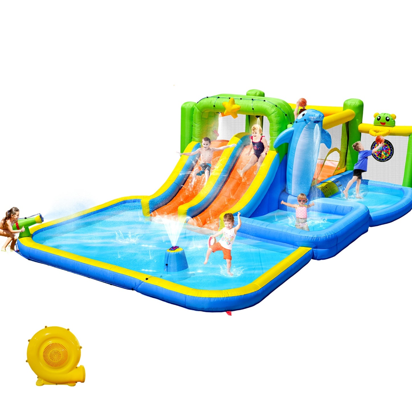 Inflatable Bounce House with 2 Slide, SHINPT 9 in 1 Inflatable Water Slide with Sprinkler Fountain, Water Gun, Target for Kids, Water Park Bounce House with Basketball Hoop, Blower and Ocean Ball