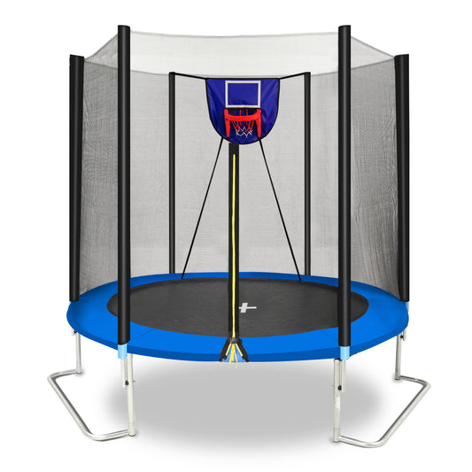 SHINPT 8FT Trampoline with Basketball Hoop & Safety Enclosure Net - Outdoor Fitness Trampoline for Kids, Adults, Backyard, Park (Blue, Includes Inflator)