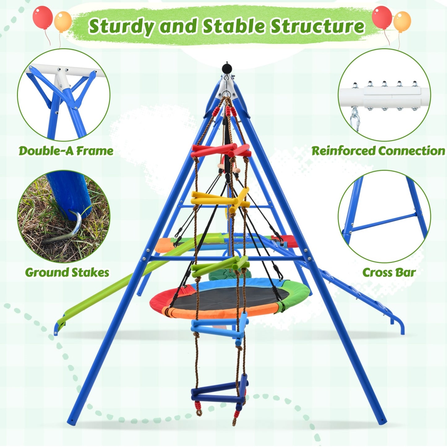 6 in 1 Swing Sets for Kids , BTMWAY Toddle Outdoor Swing Playsets with Climbing Rope Ladder, Disc Swing, Monkey Bar Swing, Slide and Climbing, Saucer Swing, Heavy Duty Swingset Outdoor for Kids 3-10