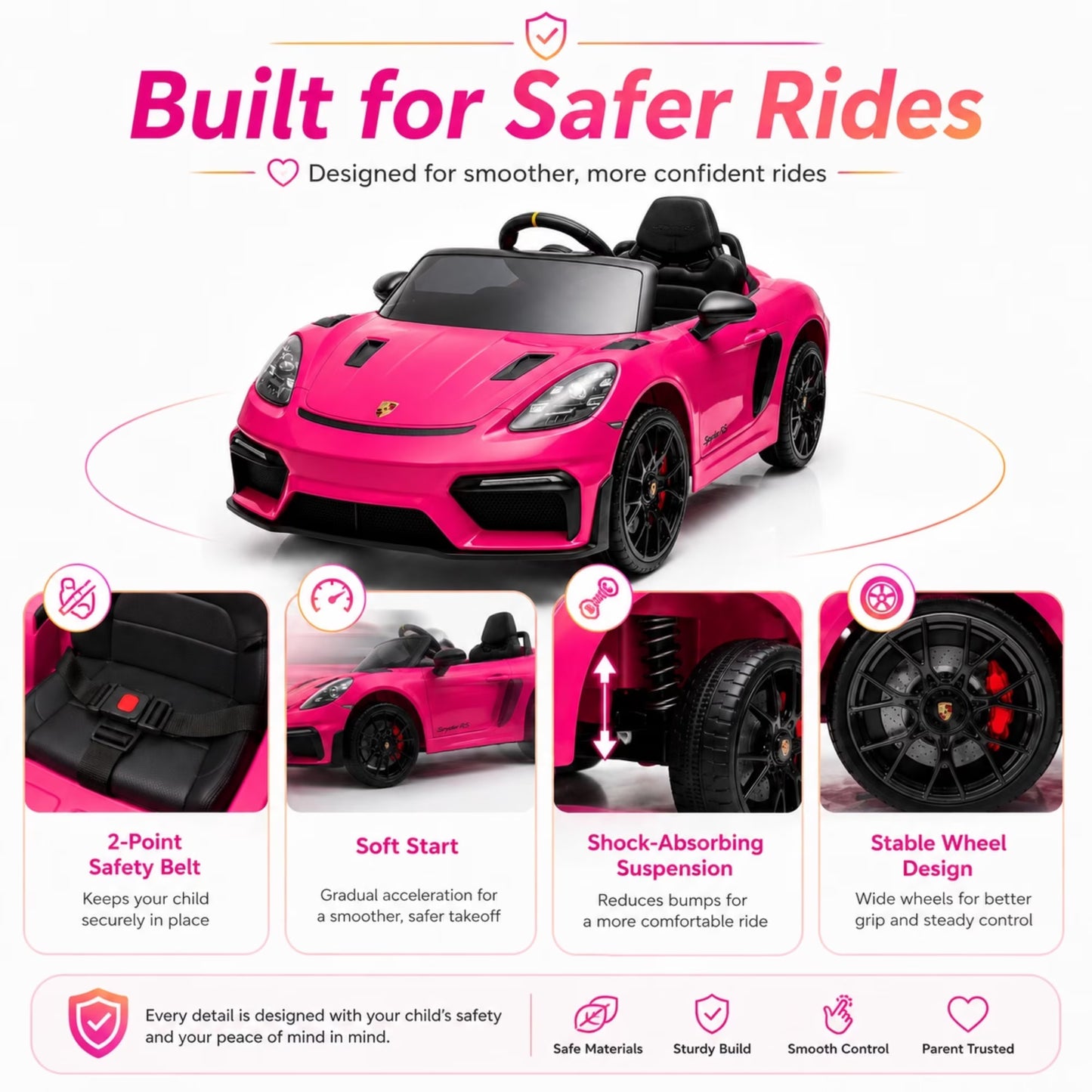 SHINPT Electric Ride On Car, Licensed Porsche Kids Electric Car with 2.4G Parent Remote Control & Bluetooth, 12V 2WD Toddler Ride On Toy 3 Speeds LED Lights Black for Kids Ages 3-5, Backyard Play