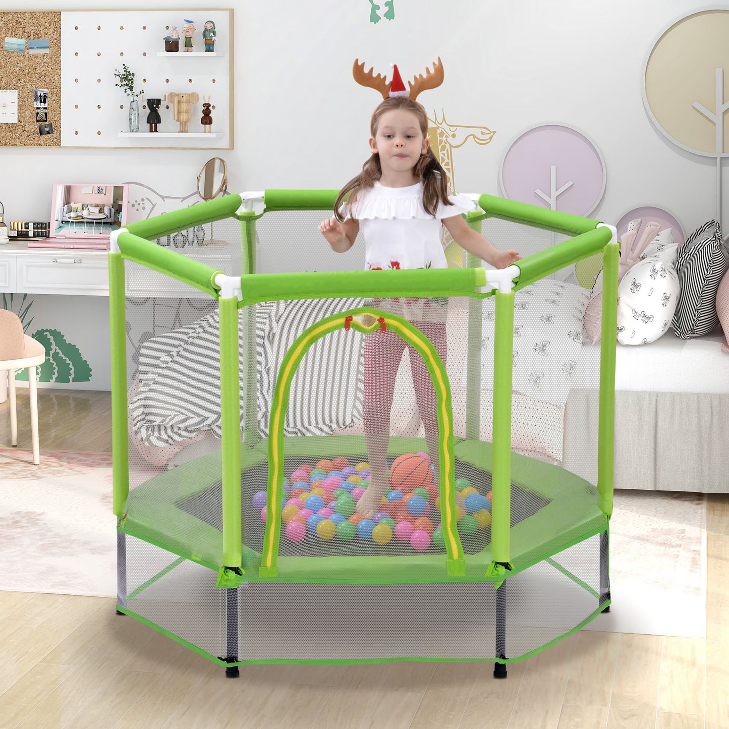 SHINPT Kids Trampoline Indoor & Outdoor, Mini Trampoline for Kids, Small Trampoline with Ocean Balls, Toddler Trampoline with 30 Heavy-Duty Springs, Baby Trampoline with U-Typed and 2-Way Zipper